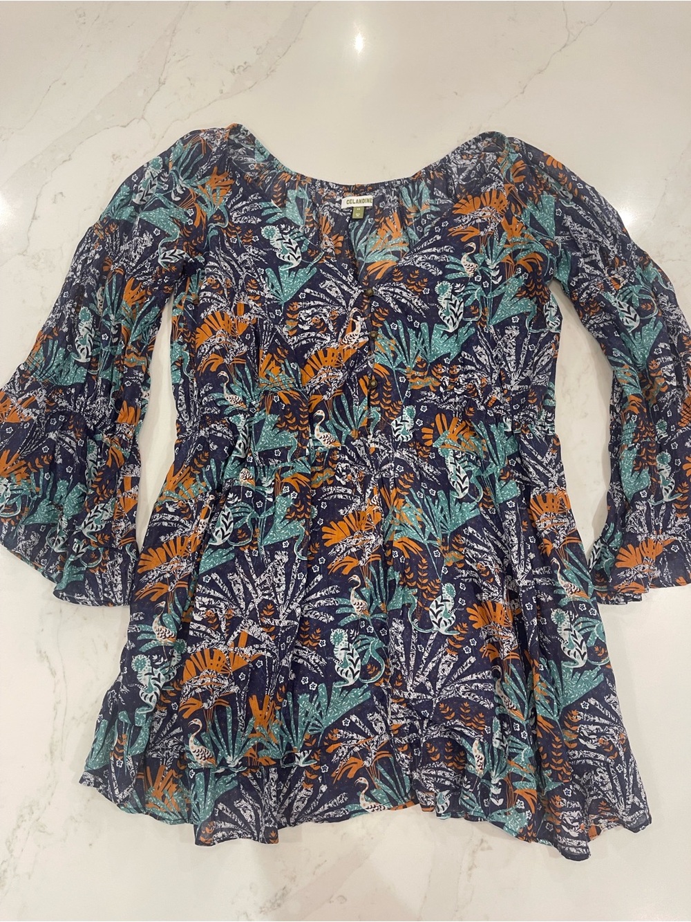 Navy Floral Bell-Sleeve Tunic with Teal in & Orange Accents